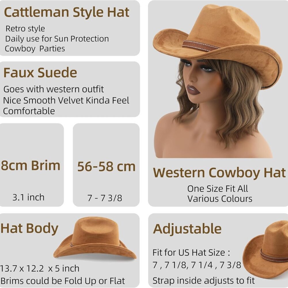 Western Cowboy Hat for Women Men Small Short Wide Brim Beach Cowgirls Cattleman - Picture 4 of 6
